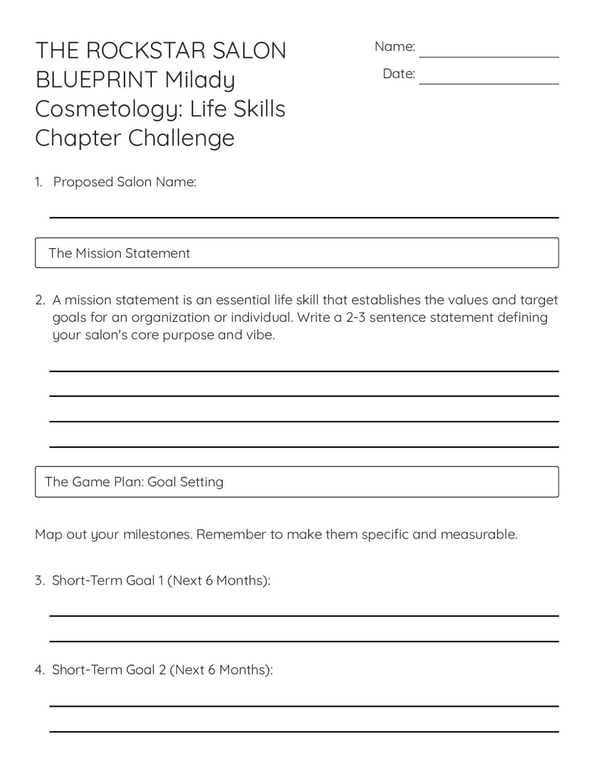 Printable cosmetology worksheet with salon business planning exercises, goal-setting templates, ethics standards, and time-management crisis scenarios.