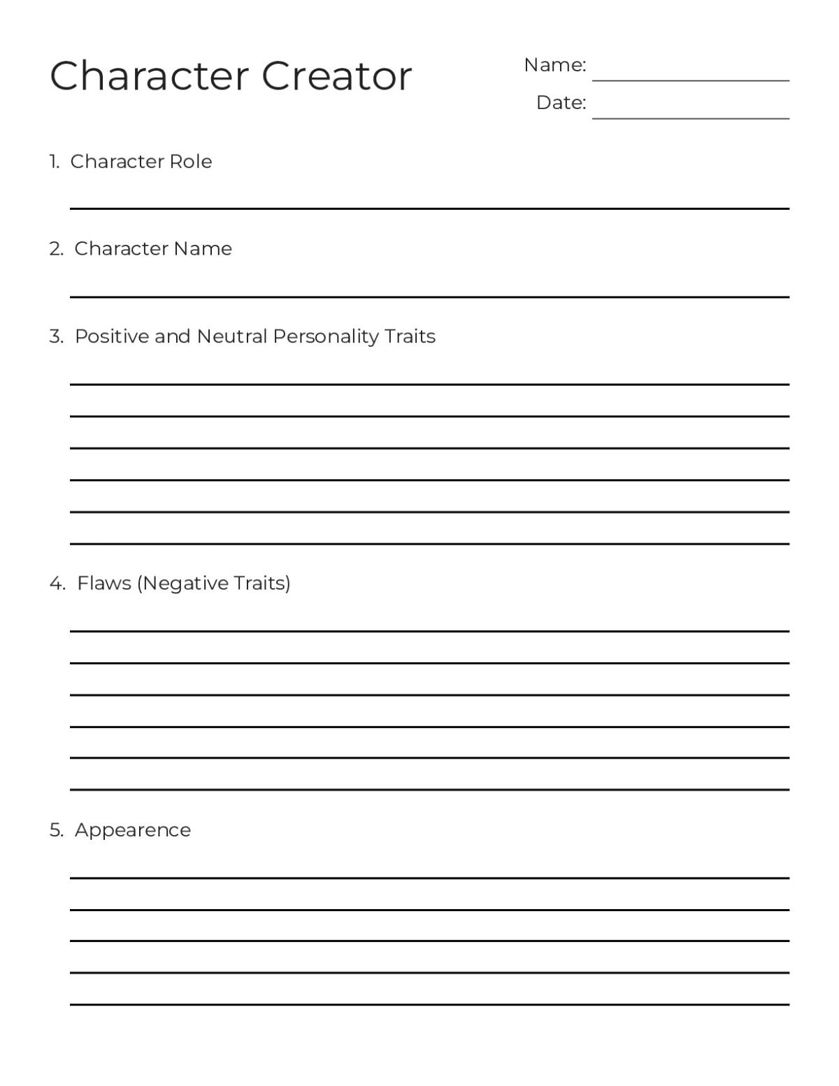 Printable character development worksheet with prompts for name, traits, appearance, goals, backstory, and character arc, plus space to draw.