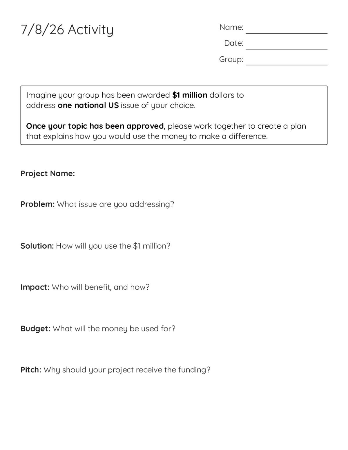 Printable 8th grade civics project template with sections for problem, solution, impact, budget, and project pitch.