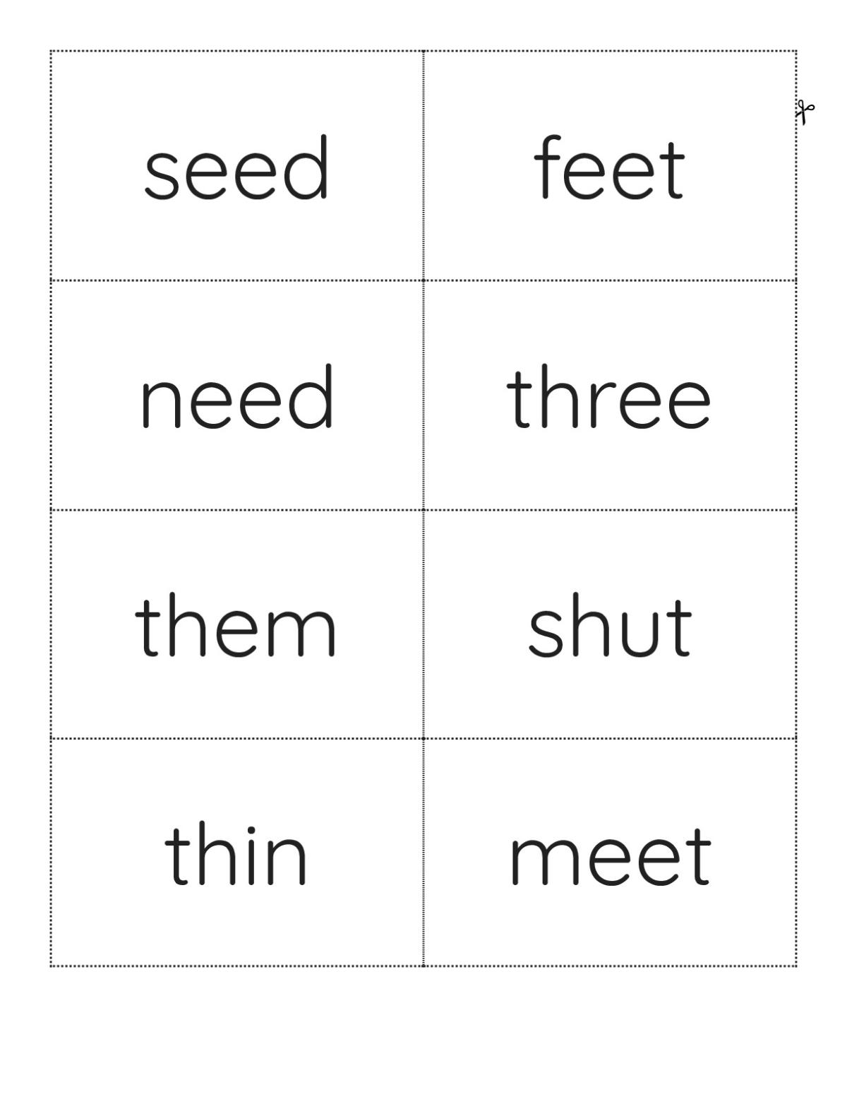 Phonics flashcards with short and long vowel words for Grade 1 readers: seed, feet, need, them.