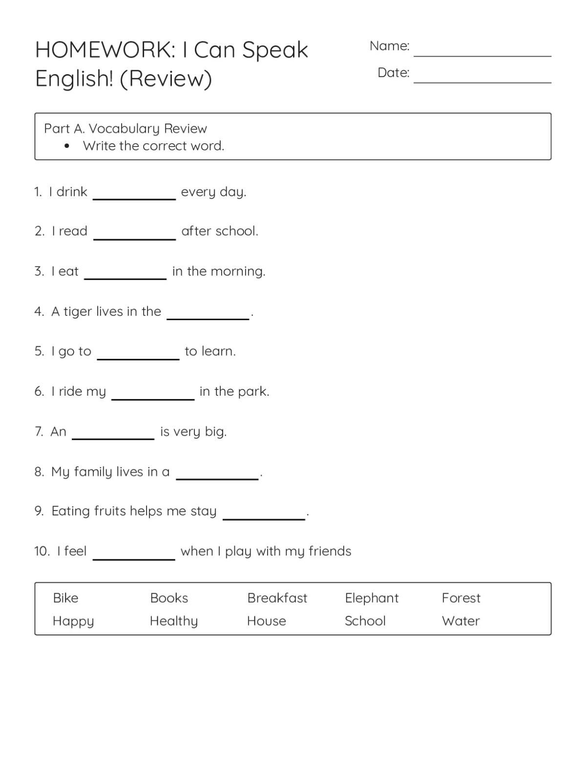 Printable ESL vocabulary and grammar review worksheet for early elementary with multiple-choice, word unscrambling, and reading comprehension activities.