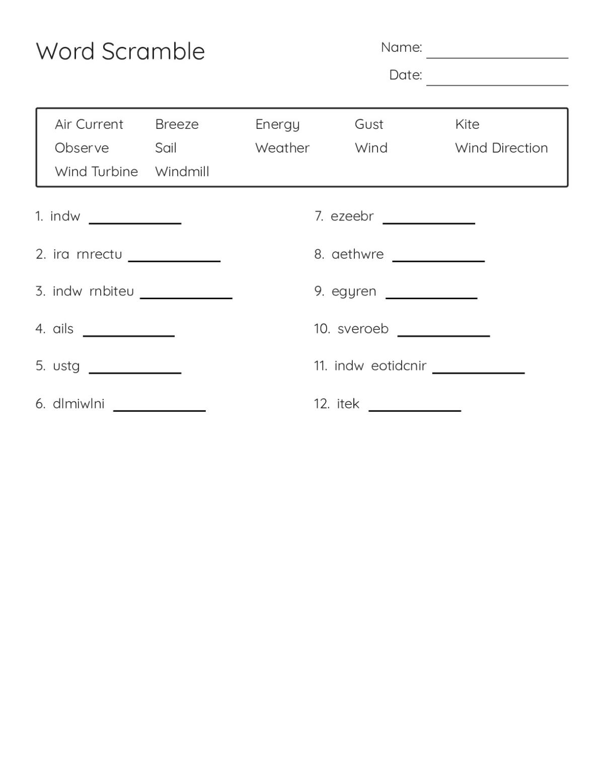 Printable word-scramble worksheet for Grades 2–5 with scrambled wind and weather vocabulary words.