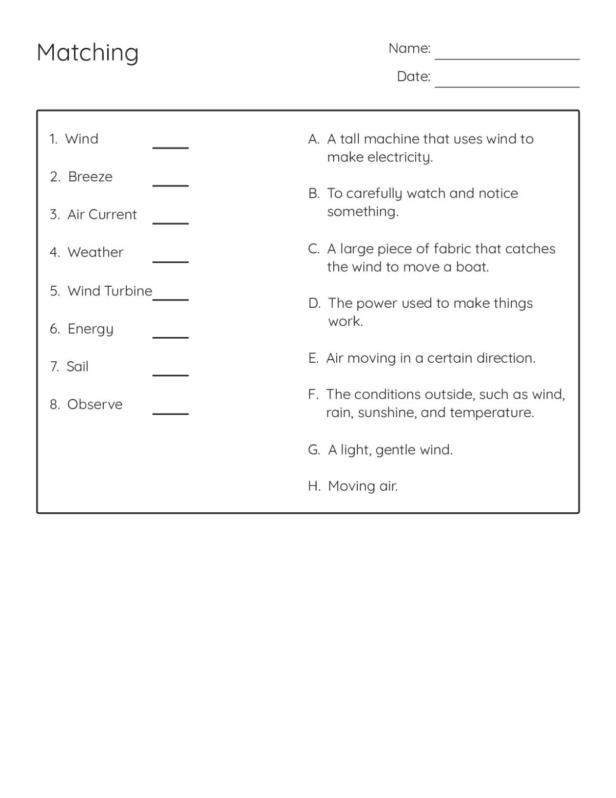 Printable science vocabulary matching worksheet for Grades 2–5 with wind and weather terms like breeze, wind turbine, and air current.