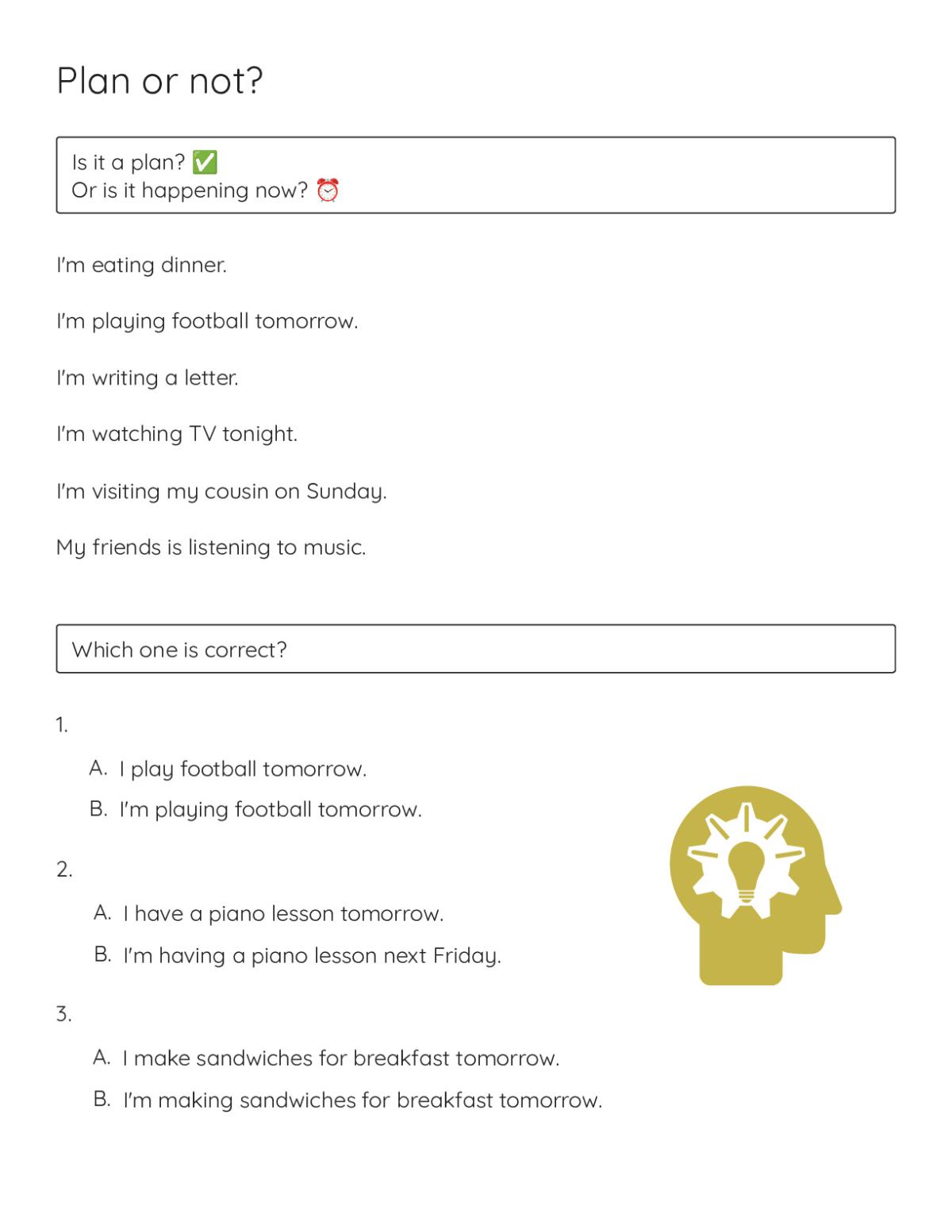 4th grade grammar worksheet on present continuous tense with sentences about plans, habits, and actions happening now.