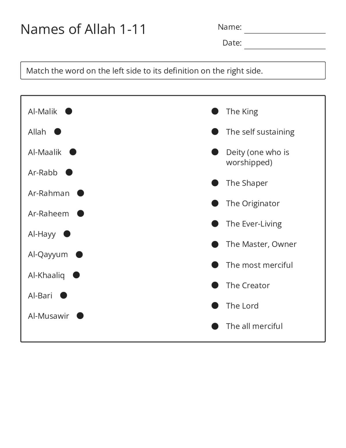 Islamic studies matching worksheet for Grade 5 with 11 Arabic names of Allah and their English meanings.