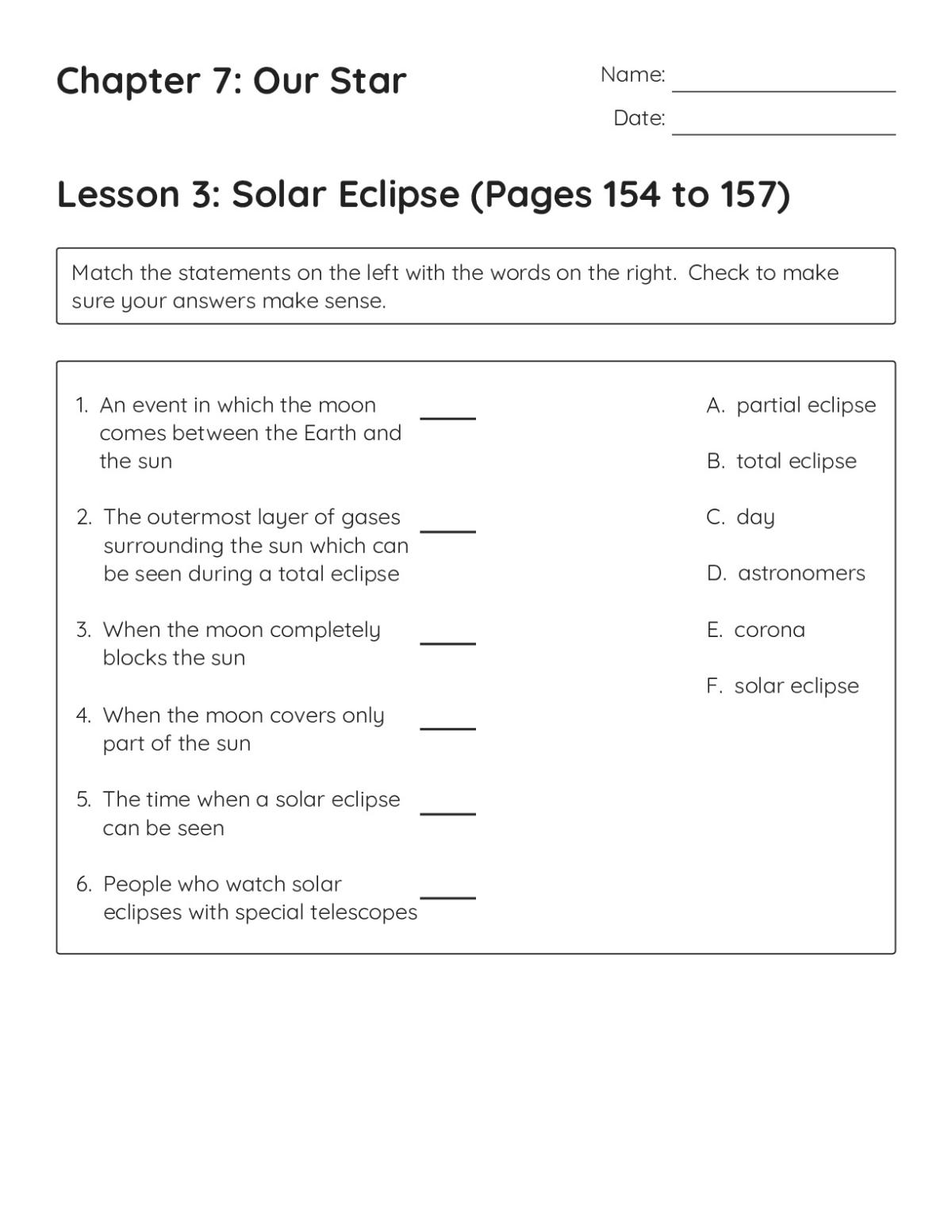 4th grade science worksheet on solar eclipses with matching activity and short-answer questions about the moon and sun.