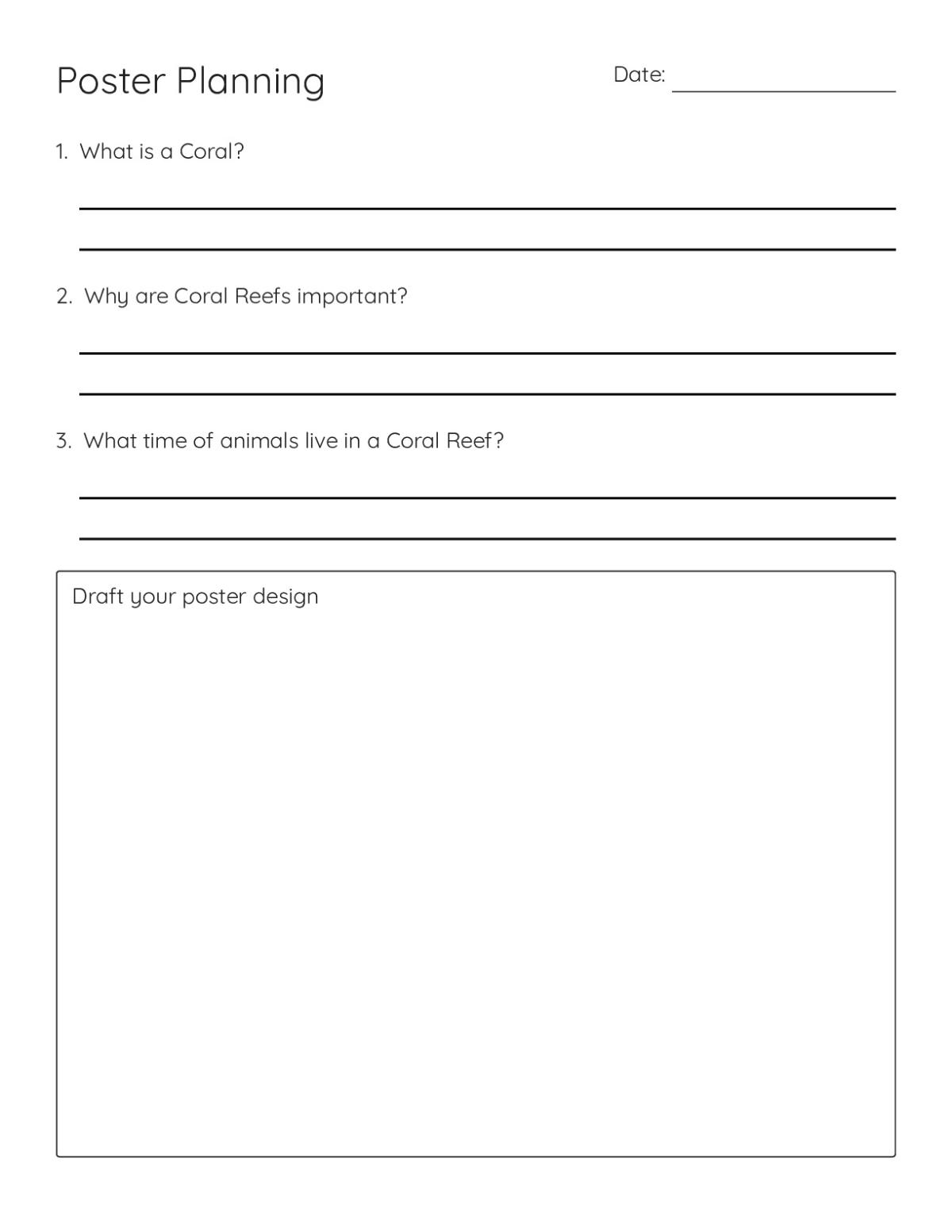 Printable science worksheet for Grades 6–8 with planning questions about coral, coral reefs, and reef animals for a poster project.