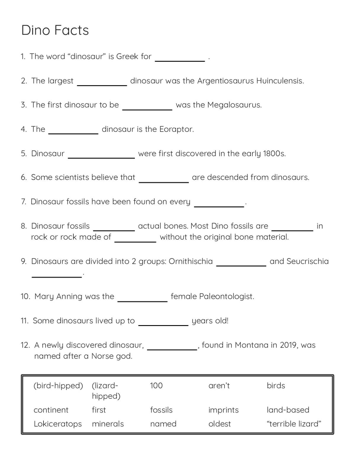 Printable dinosaur facts worksheet with fill-in-the-blank sentences about fossils, paleontology, and dinosaur species.
