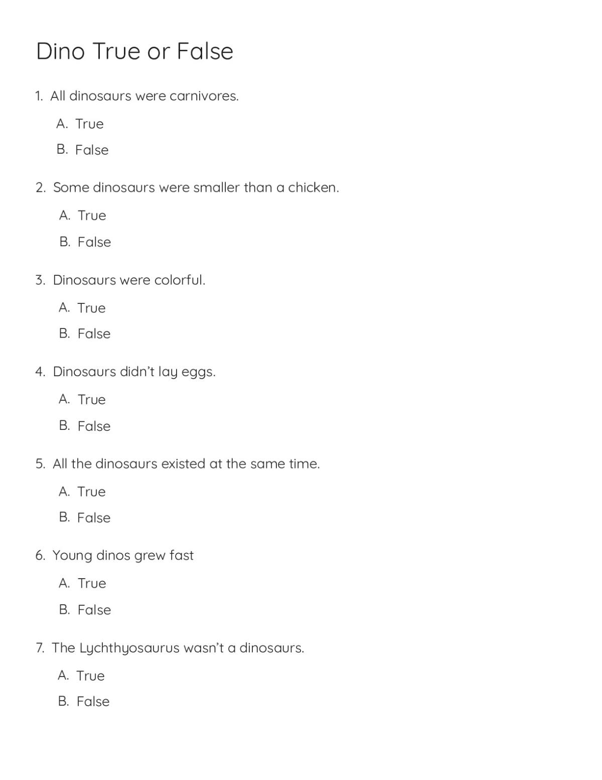 Printable dinosaur science worksheet with twelve true-or-false questions about dinosaur facts and paleontology for Grades 4–6.