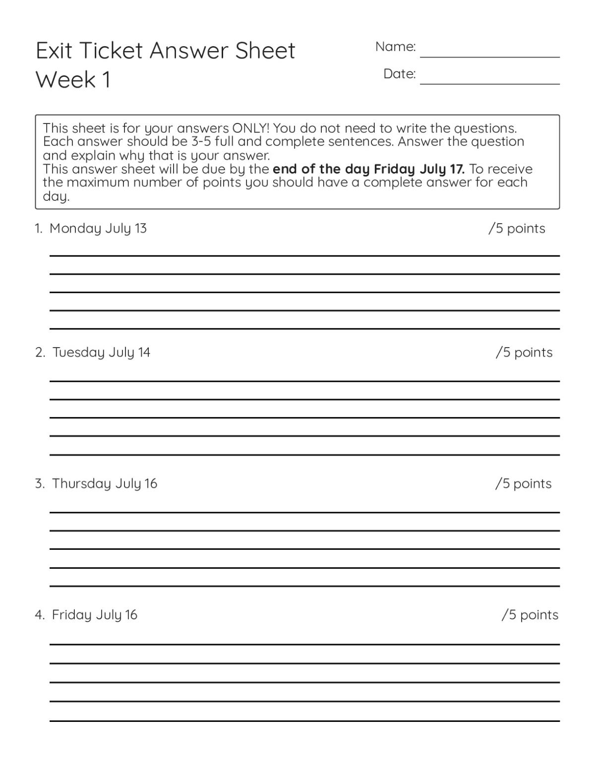 Printable 9th grade exit ticket answer sheet with four dated response lines and point values for daily answers.