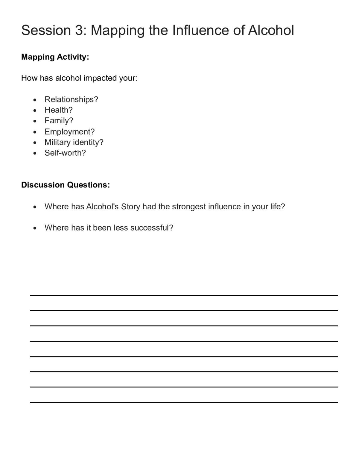 Reflective worksheet for adults mapping the influence of alcohol on relationships, health, family, employment, and self-worth.