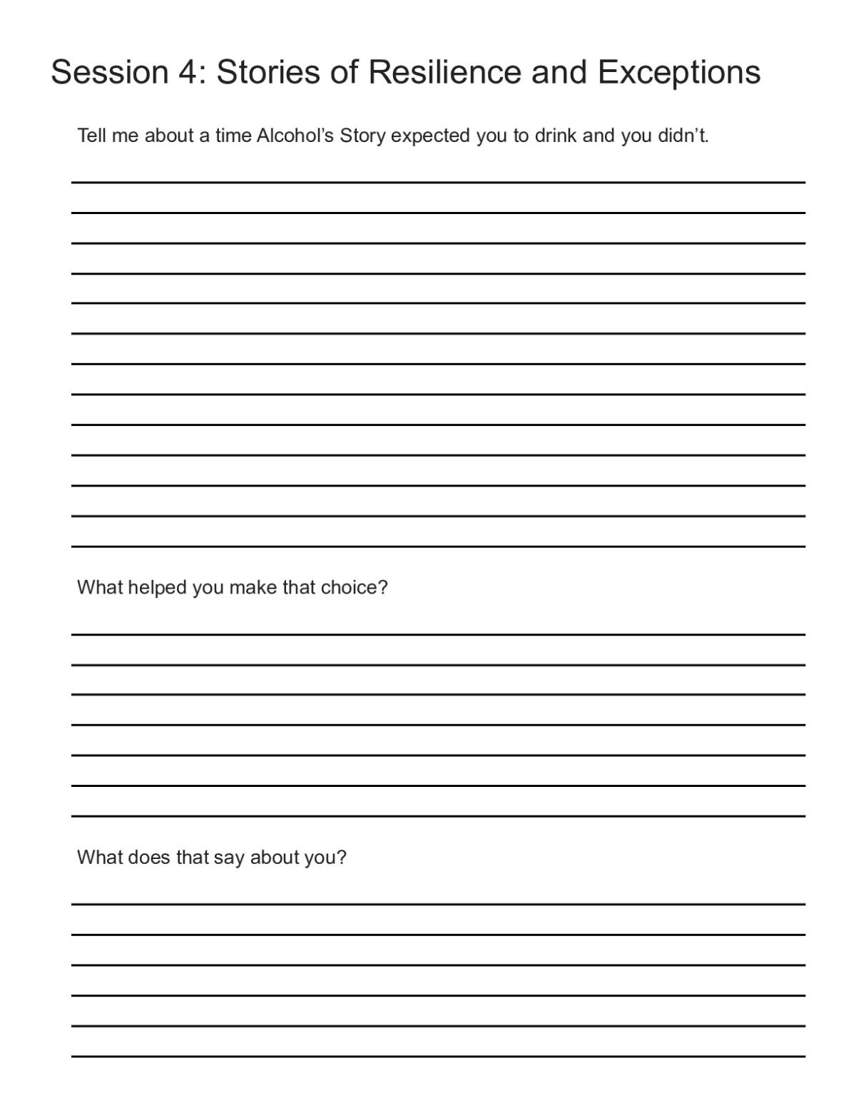 Printable worksheet with reflection prompts on resilience, peer pressure, and personal choices related to alcohol use.