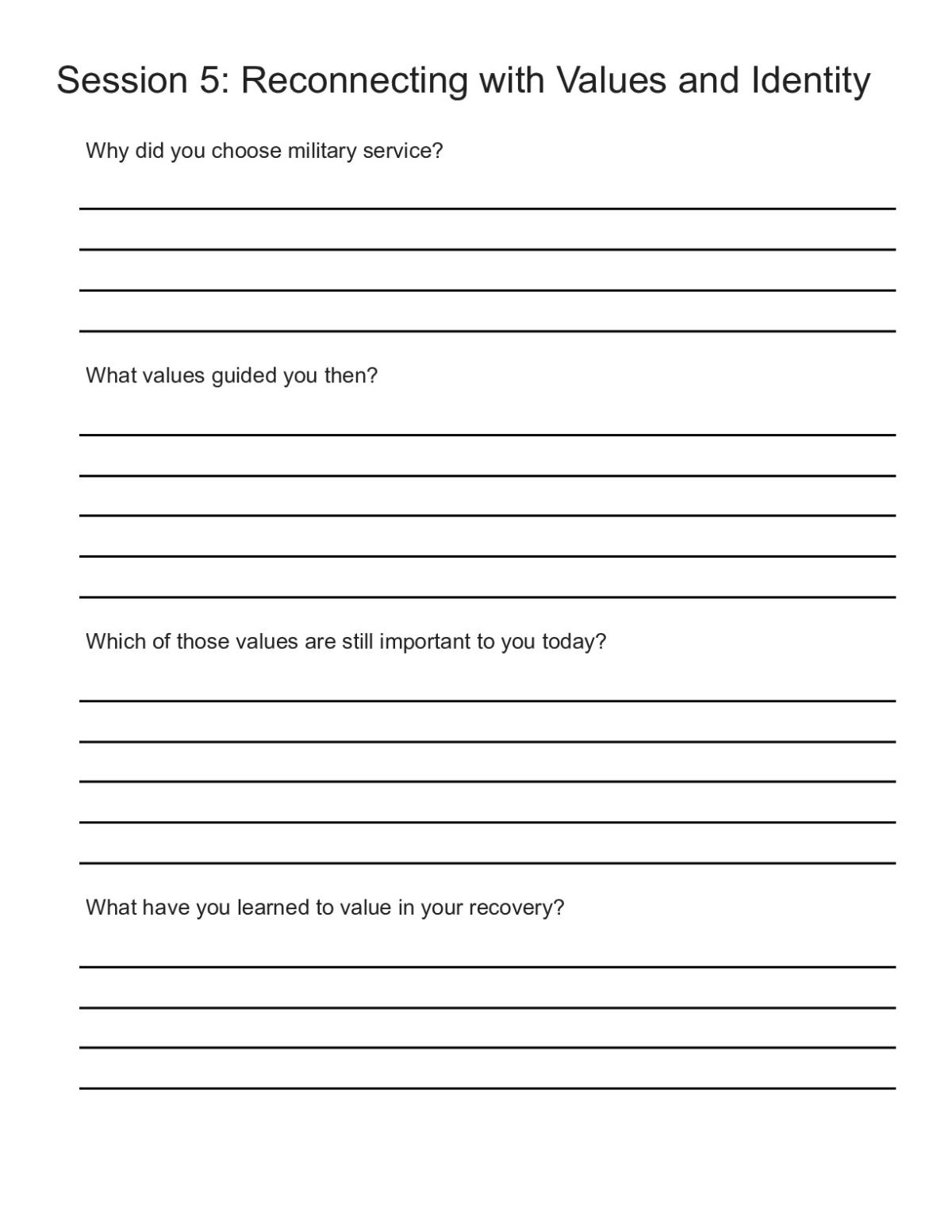 Printable reflection worksheet with four open-response prompts on military service, personal values, and identity recovery.