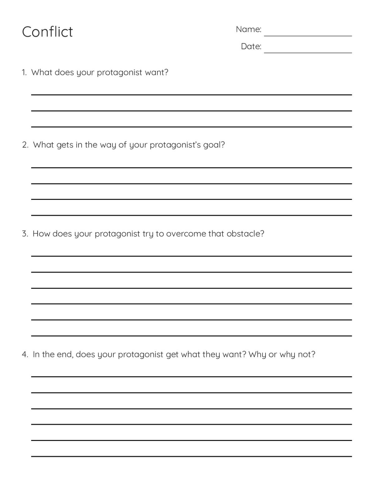 Worksheet with four questions about protagonist goals, obstacles, and story outcomes for analyzing narrative conflict.