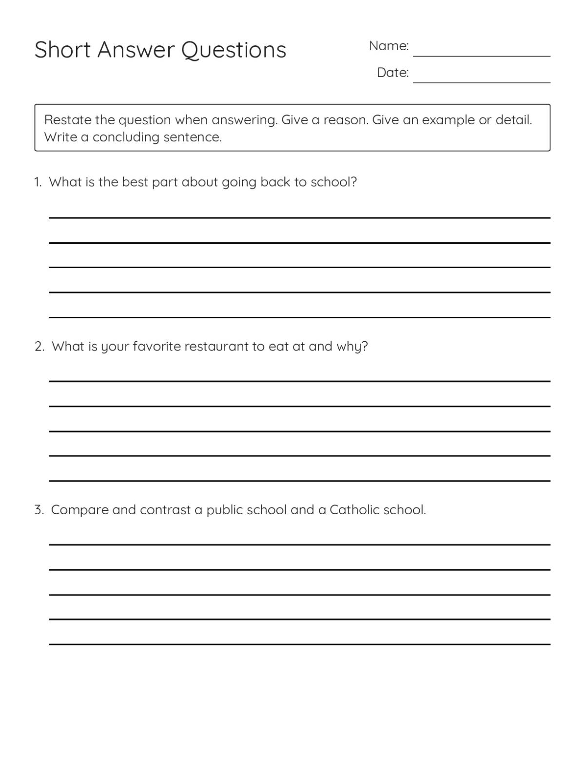 Printable 4th grade short-answer writing worksheet with three open-response prompts on school, restaurants, and comparing school types.
