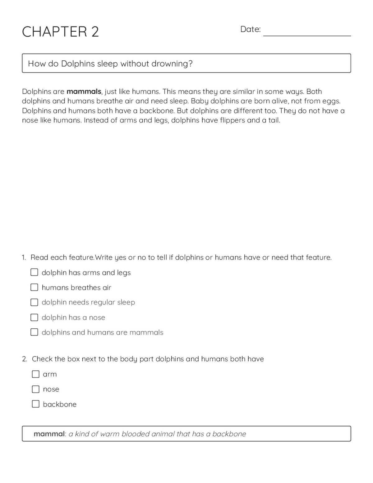 Science worksheet comparing dolphins and humans as mammals, with yes-or-no questions and a checklist of shared body parts.