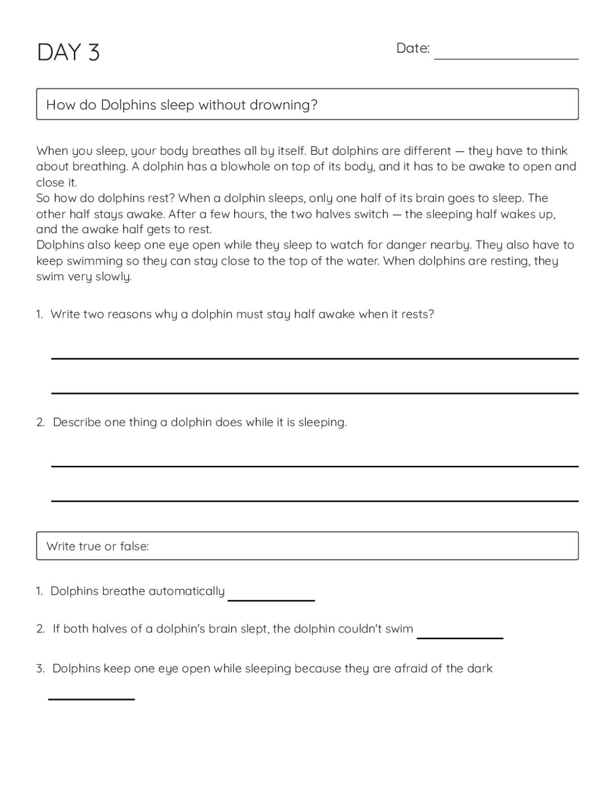 Reading comprehension worksheet about dolphin sleep habits with true-or-false questions and short-answer prompts.