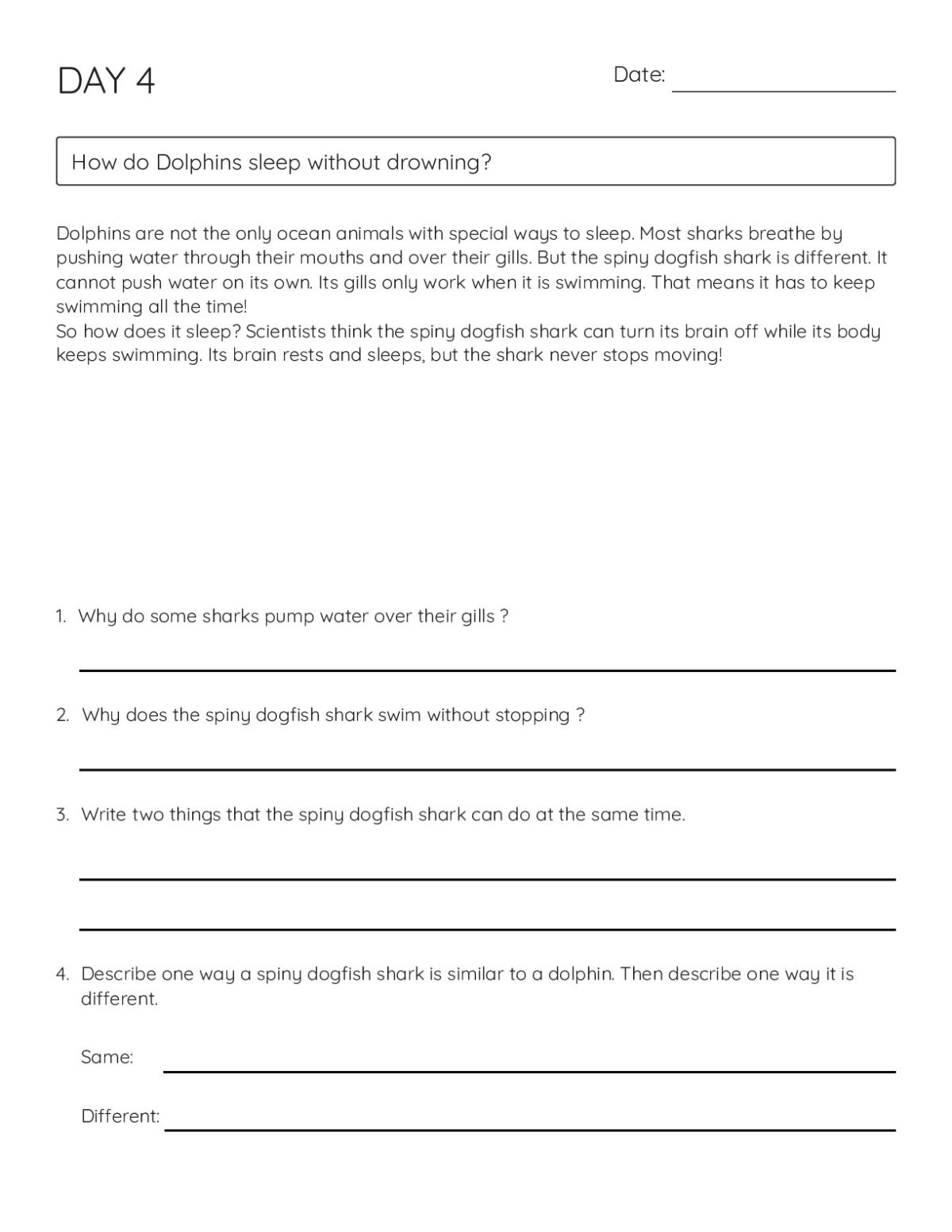 Reading comprehension worksheet about spiny dogfish sharks and how they sleep, with five follow-up questions.