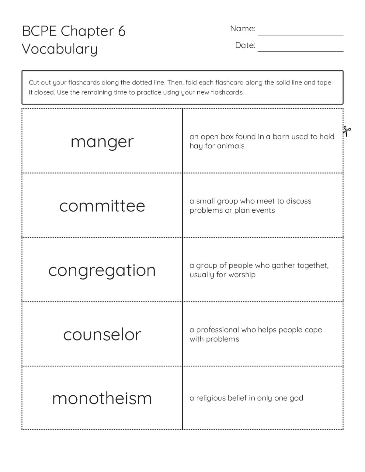 Chapter 6 vocabulary flashcards with terms like manger, congregation, and monotheism for 4th Grade.