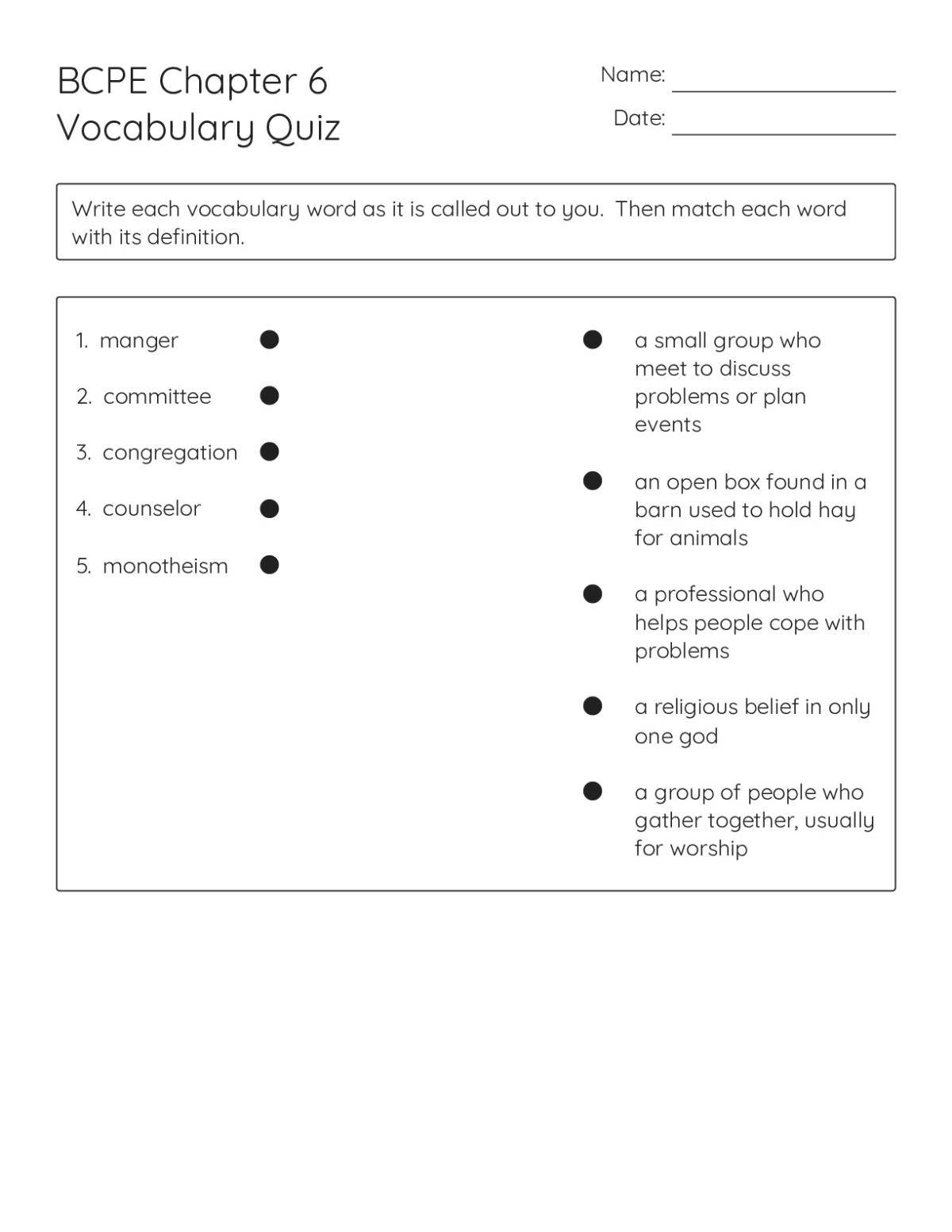 Printable 4th grade religious vocabulary matching worksheet with terms like congregation, counselor, monotheism, and manger.