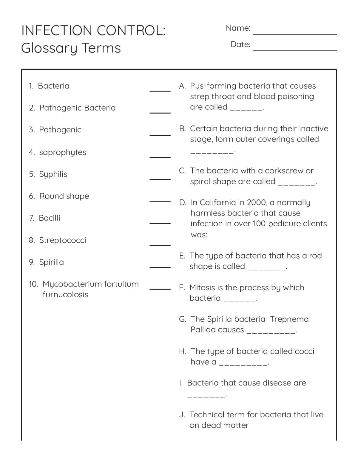 Healthcare training worksheet with matching questions on infection control terminology, bacteria types, and microbiology concepts.