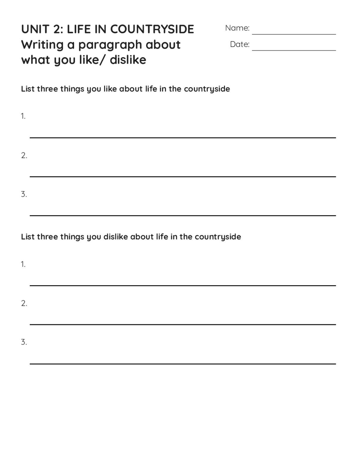 Printable 8th grade writing worksheet with model paragraph template and space for students to write about countryside life.