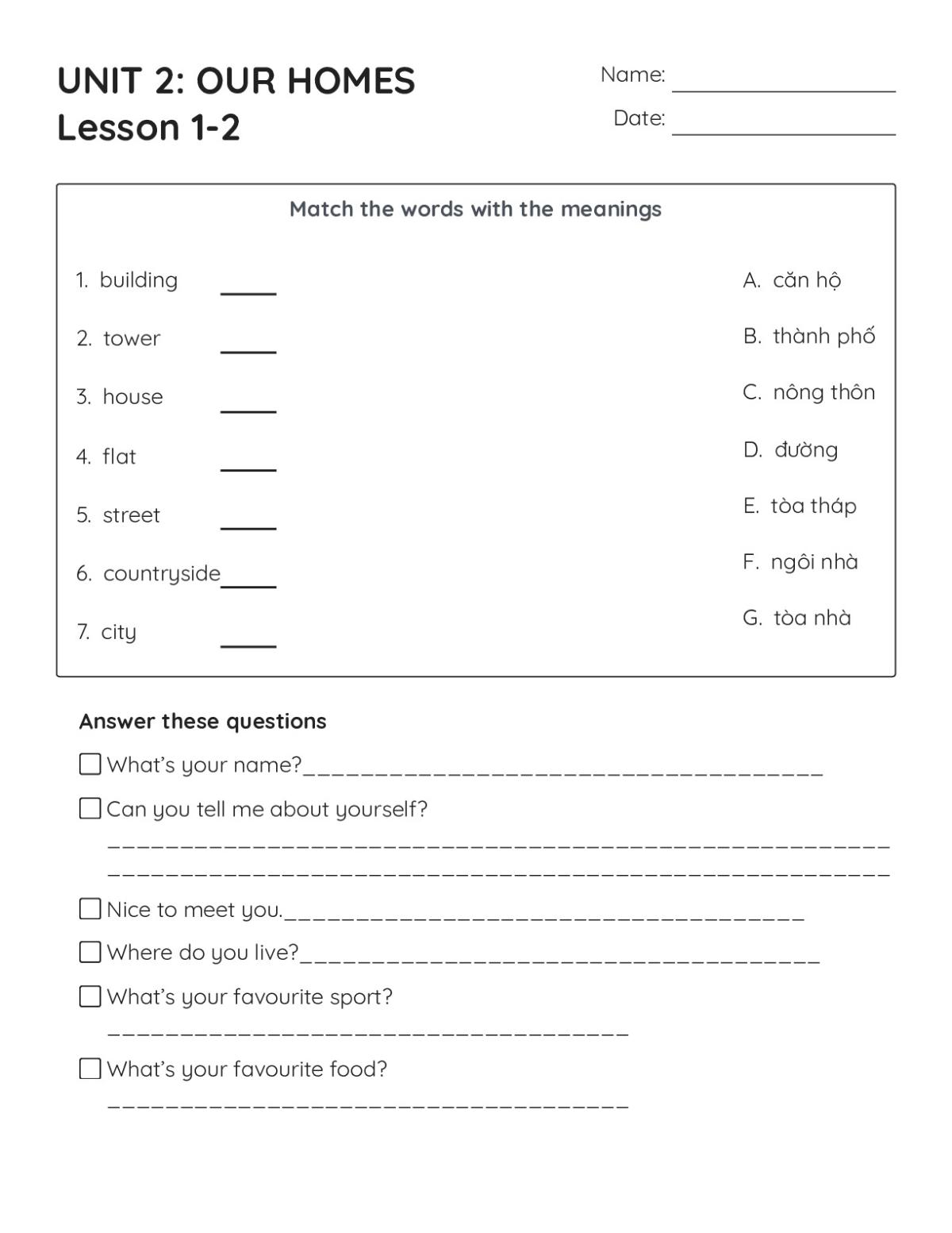 Printable ESL worksheet for Grade 5 with vocabulary matching, number writing, and speaking prompts about homes and personal information.