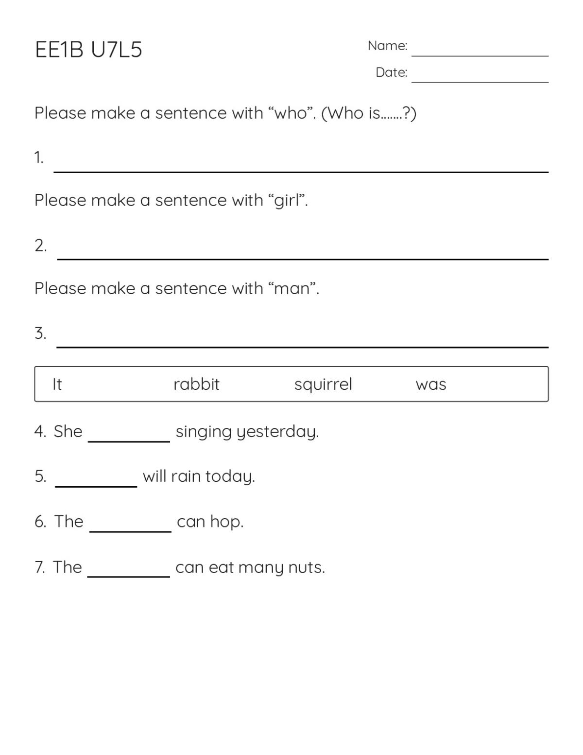 Printable ESL worksheet for Grade 2 with sentence-writing prompts, word-bank fill-ins, and reading comprehension questions about animals.