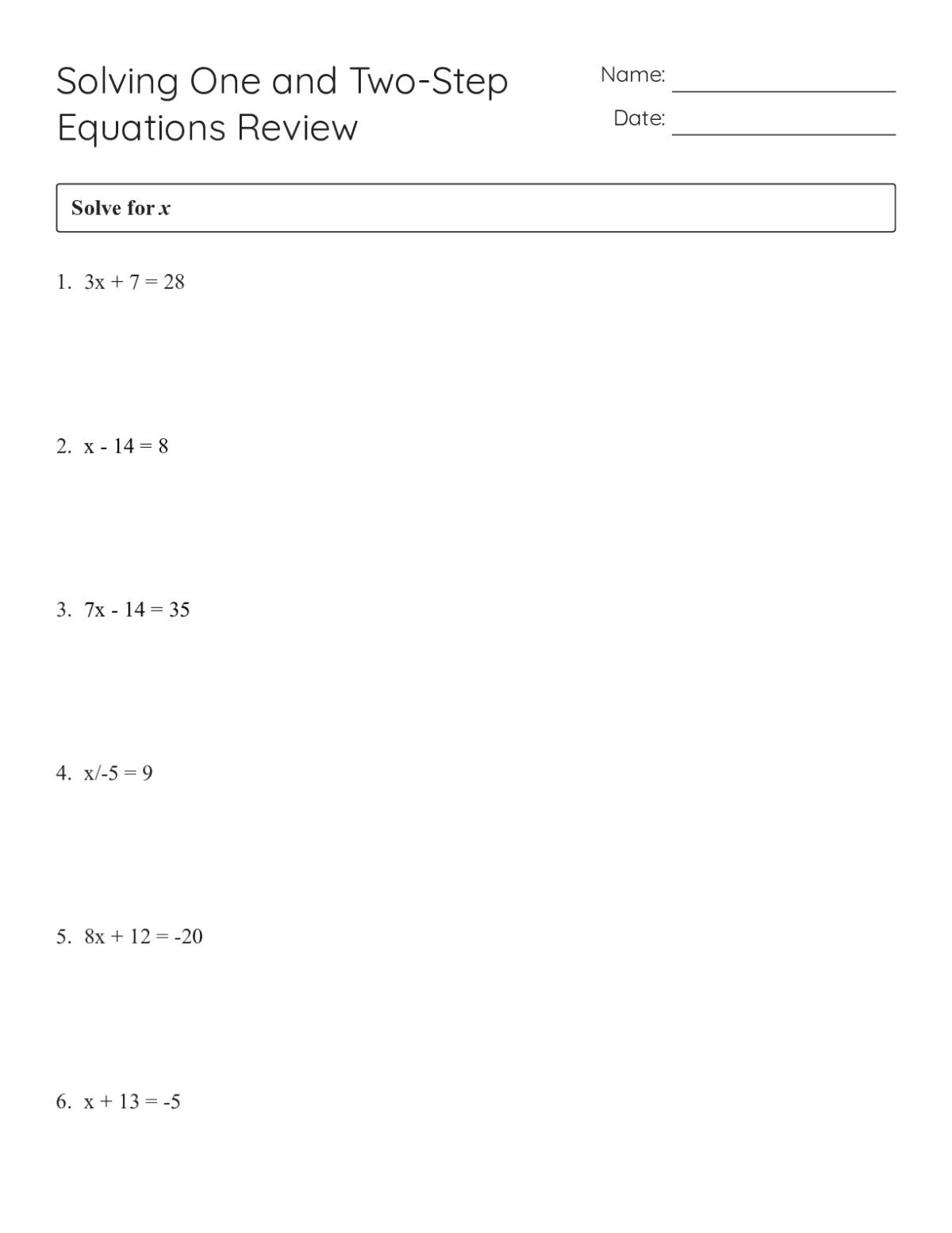 Printable algebra worksheet with 15 one- and two-step equation problems involving addition, subtraction, multiplication, and division.