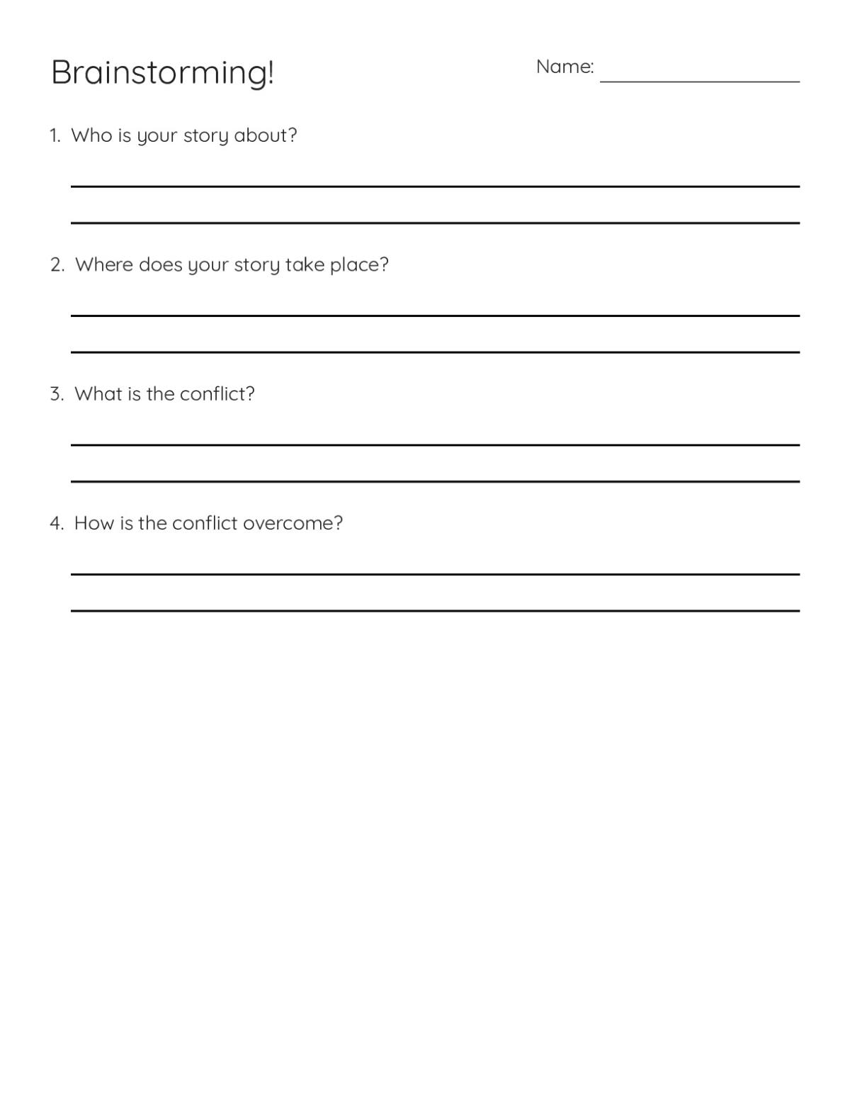 Printable 8th grade brainstorming worksheet with planning prompts for character, setting, conflict, and story resolution.