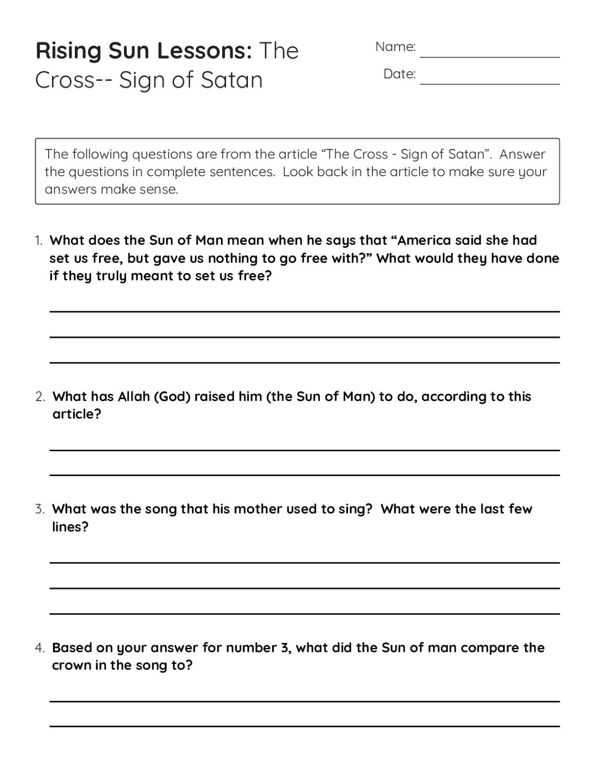 Printable 4th grade reading comprehension worksheet with eight questions based on an article about religious symbolism and freedom.