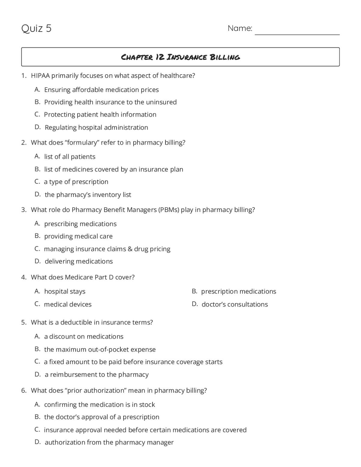 Multiple-choice pharmacy training quiz with questions on insurance billing, medications, compounding, and dosage calculations.