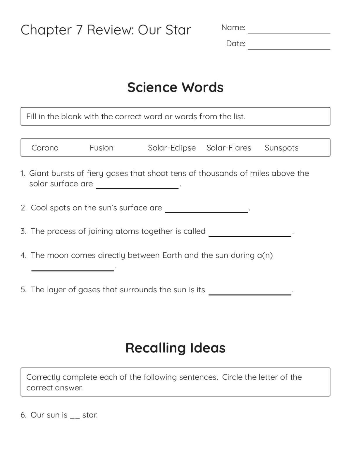 Printable 5th grade science worksheet on the sun covering solar flares, sunspots, solar eclipses, and the sun's energy.