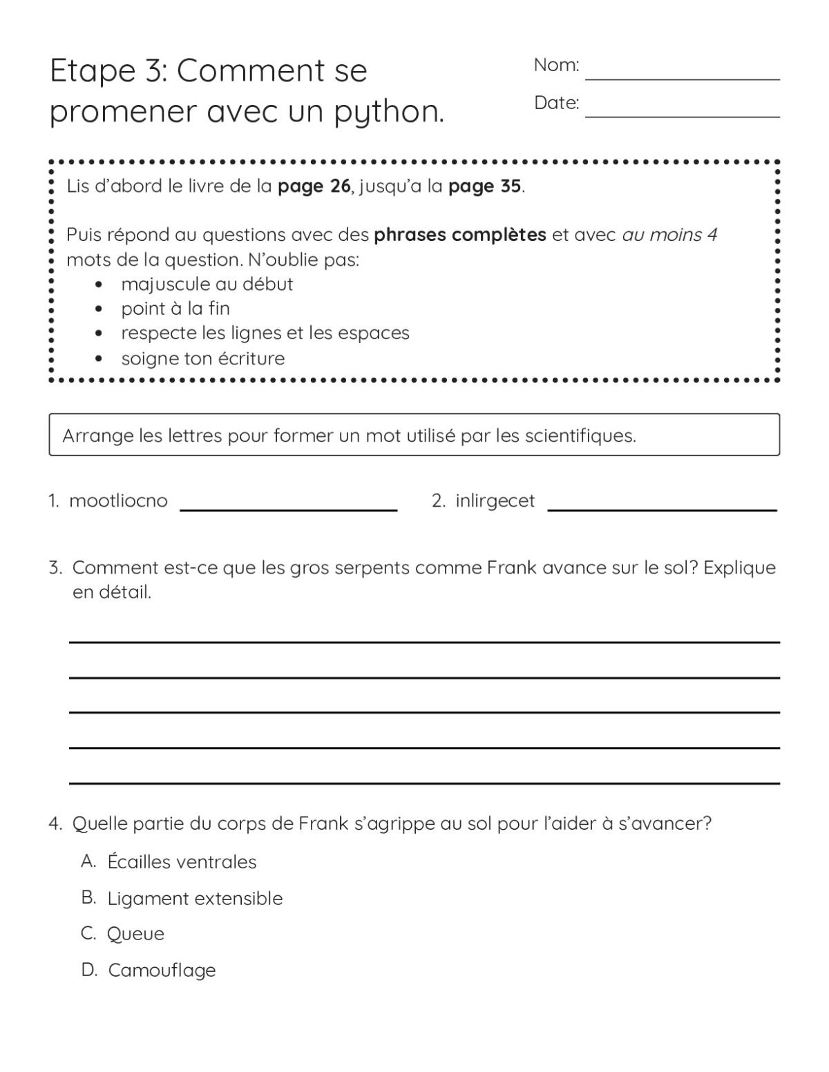 French reading comprehension worksheet for 4th graders with ten questions about how pythons move and function.
