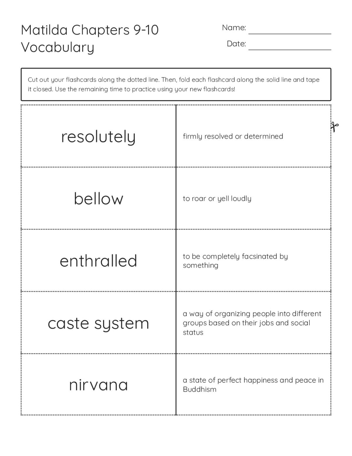 Vocabulary flashcards from Matilda Chapters 9–10 with words like resolutely and enthralled.