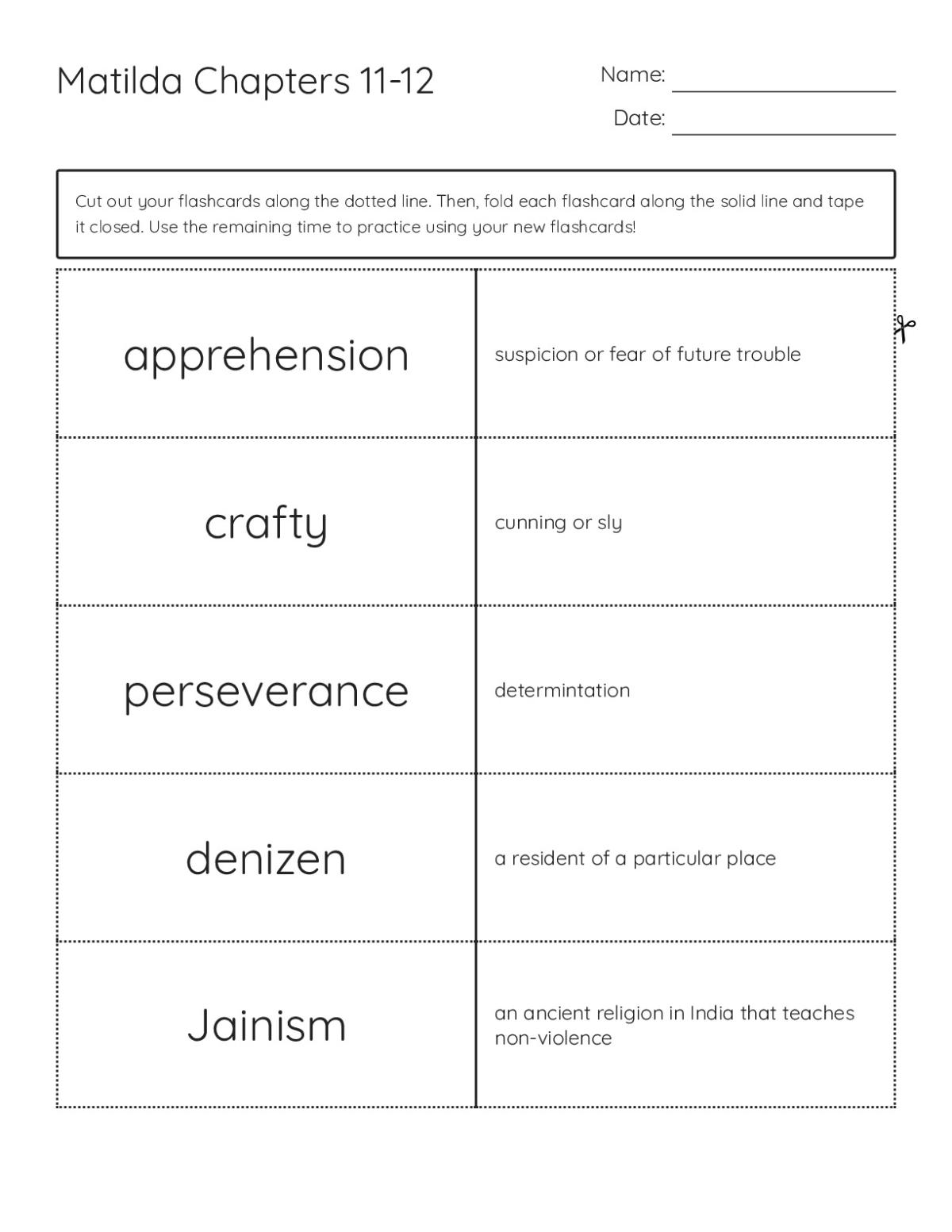 Vocabulary flashcards from Matilda Chapters 11–12 for Grade 4 students.
