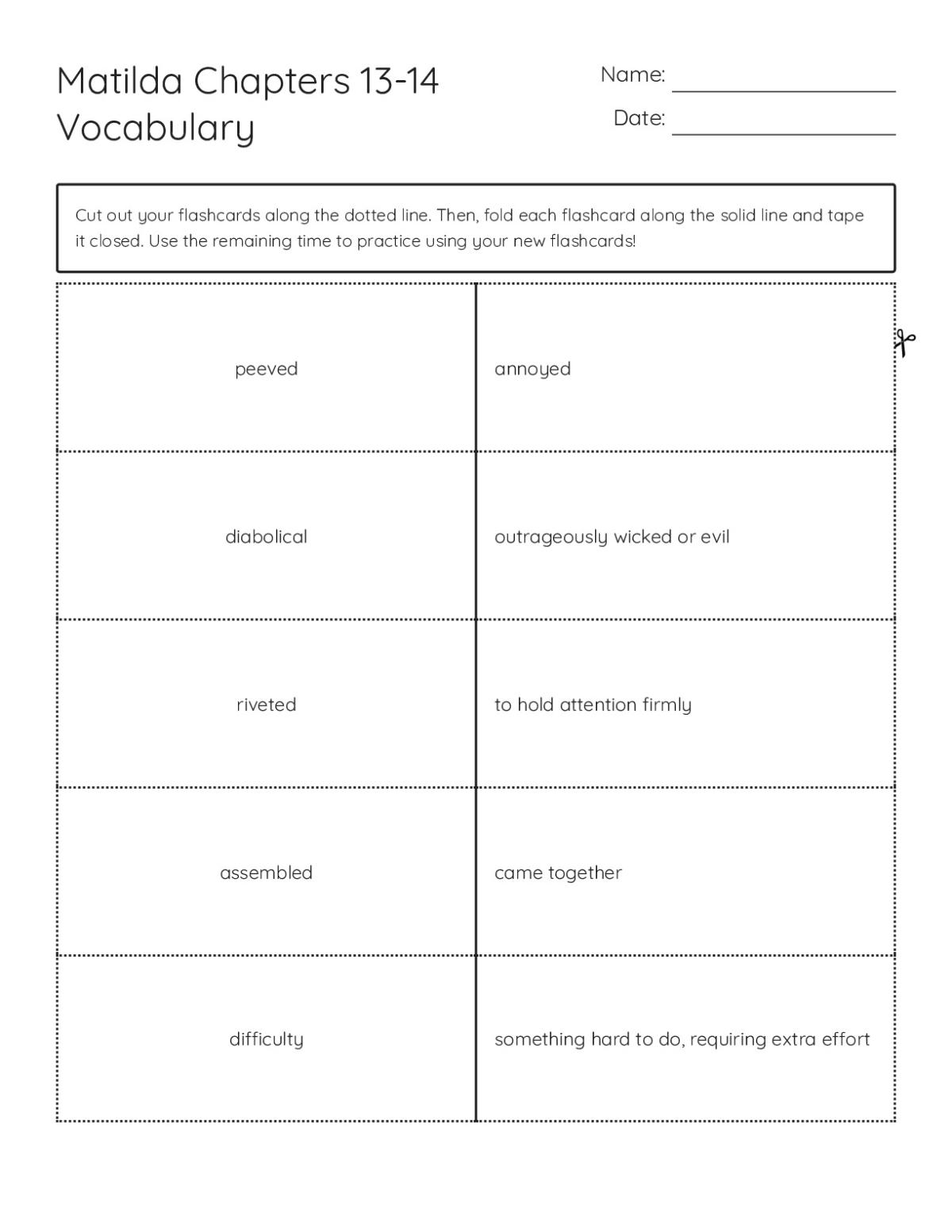 Vocabulary flashcards from Matilda Chapters 13–14 for Grade 4 readers.