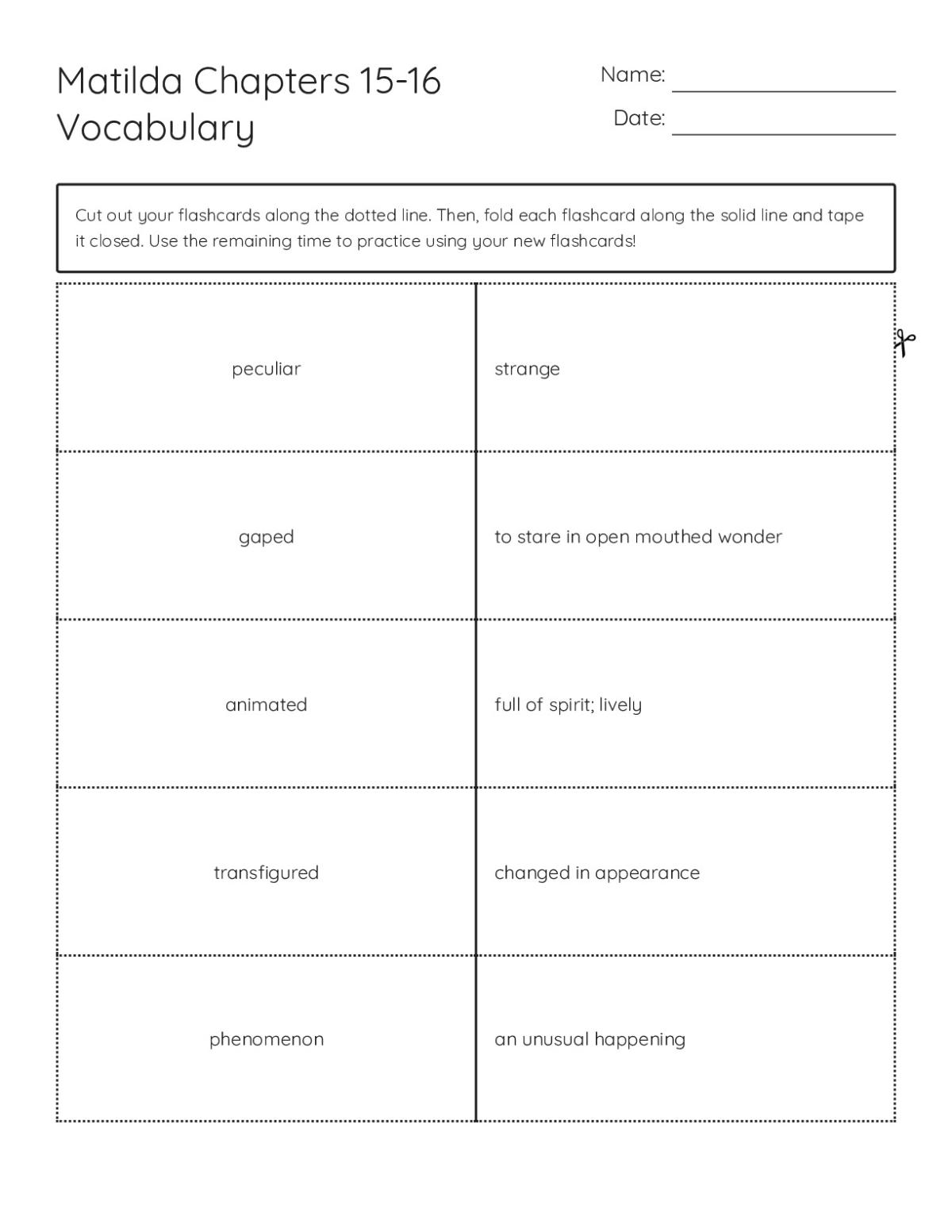 Vocabulary flashcards from Matilda Chapters 15–16 with words like peculiar, animated, and transfigured.
