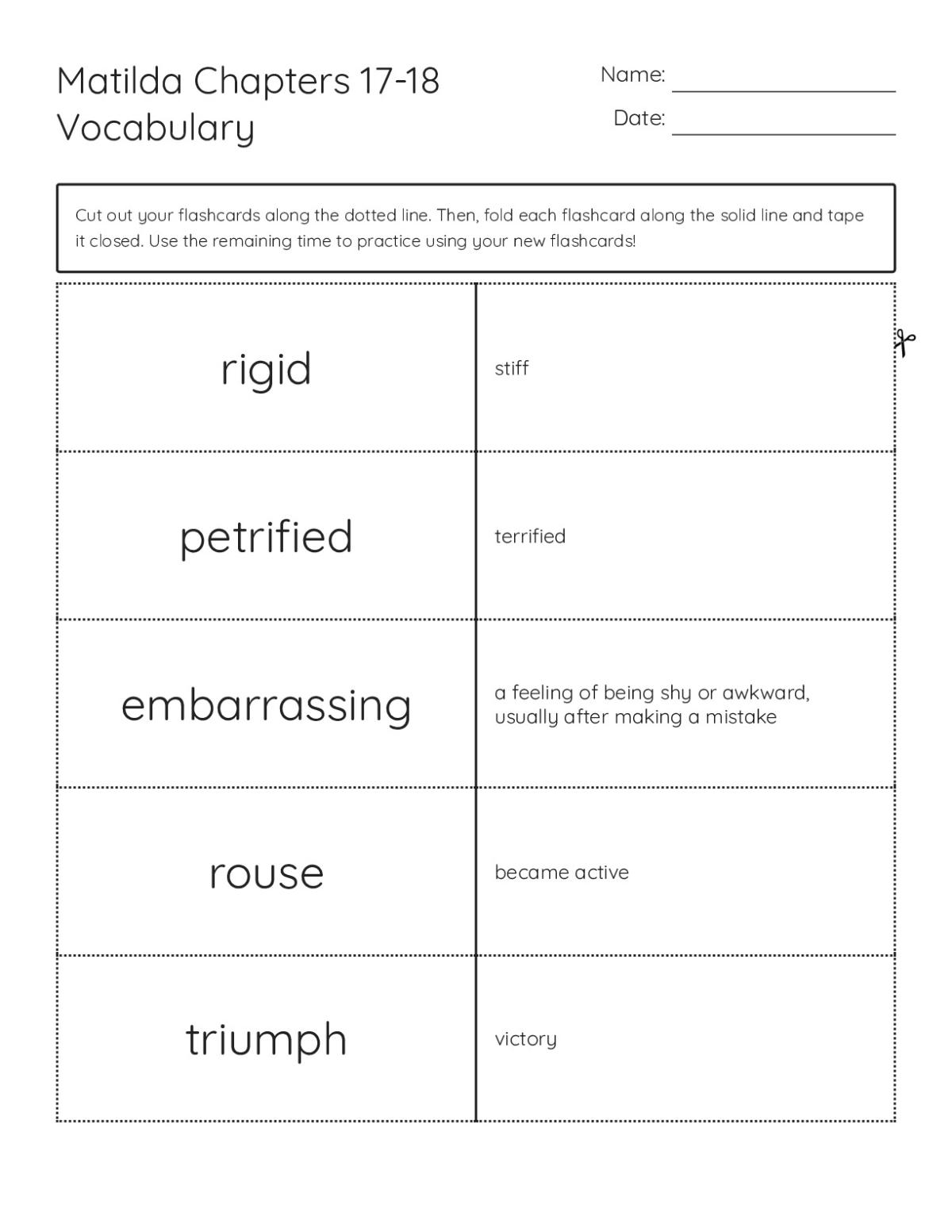 Matilda vocabulary flashcards with words like rigid, petrified, and triumph for 4th Grade readers.