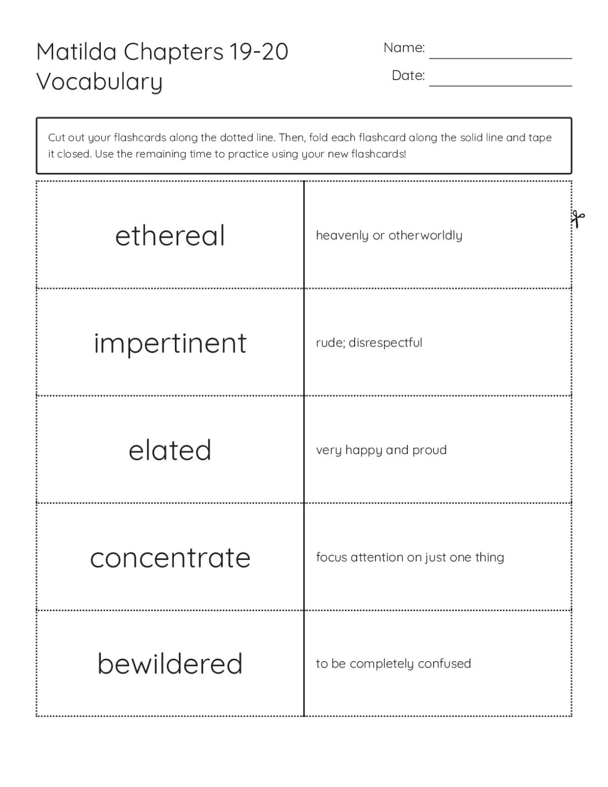 Vocabulary flashcards from Matilda with words like ethereal, impertinent, and elated.