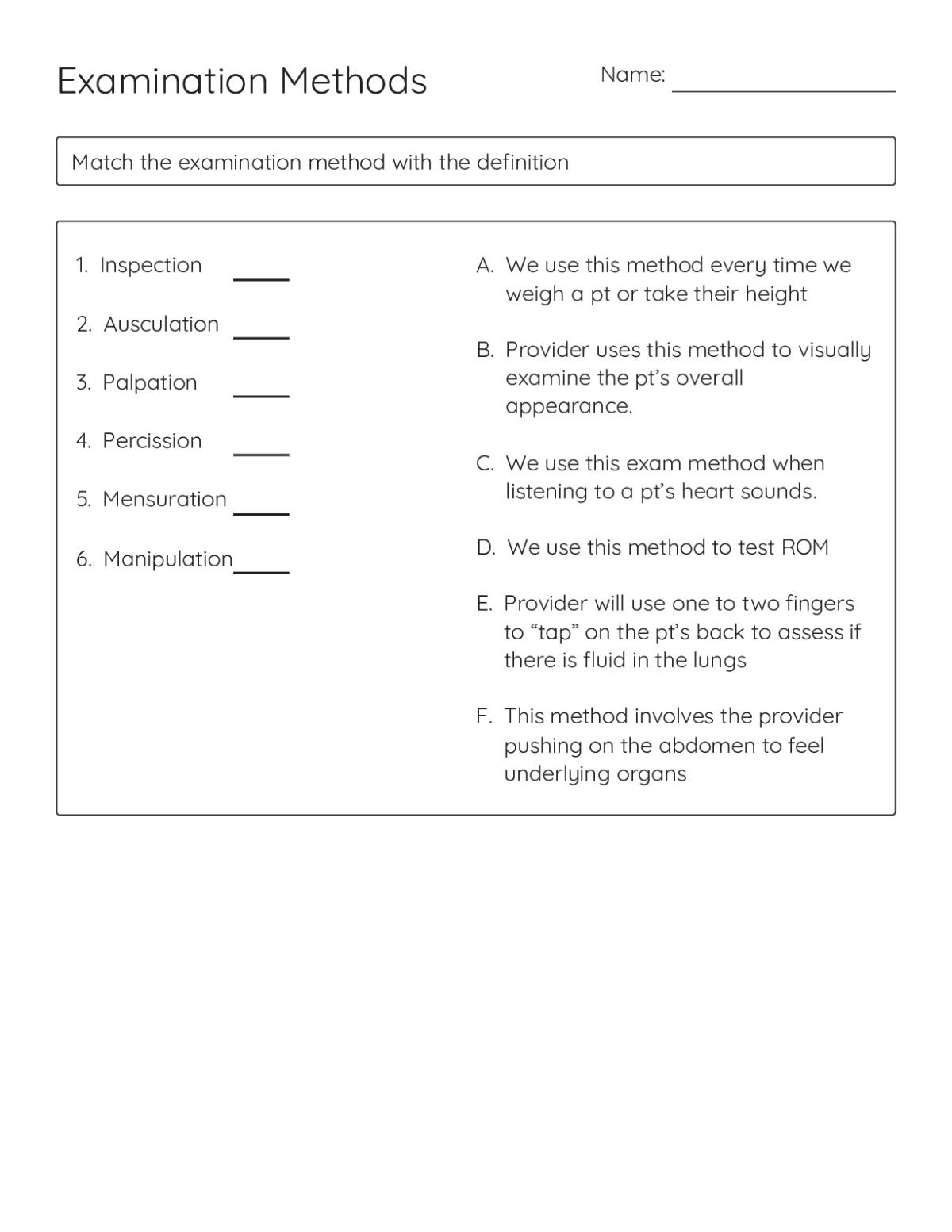 Healthcare training worksheet matching physical examination methods with clinical definitions including inspection, auscultation, and palpation.