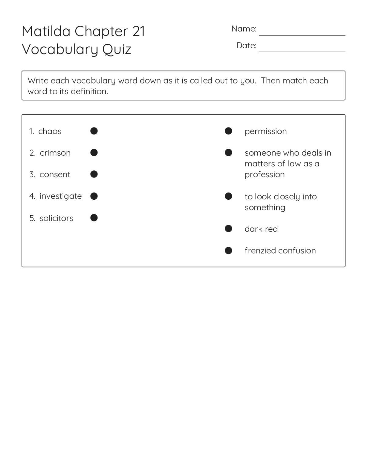 Printable 4th grade vocabulary matching quiz for Matilda Chapter 21 with five words and their definitions.
