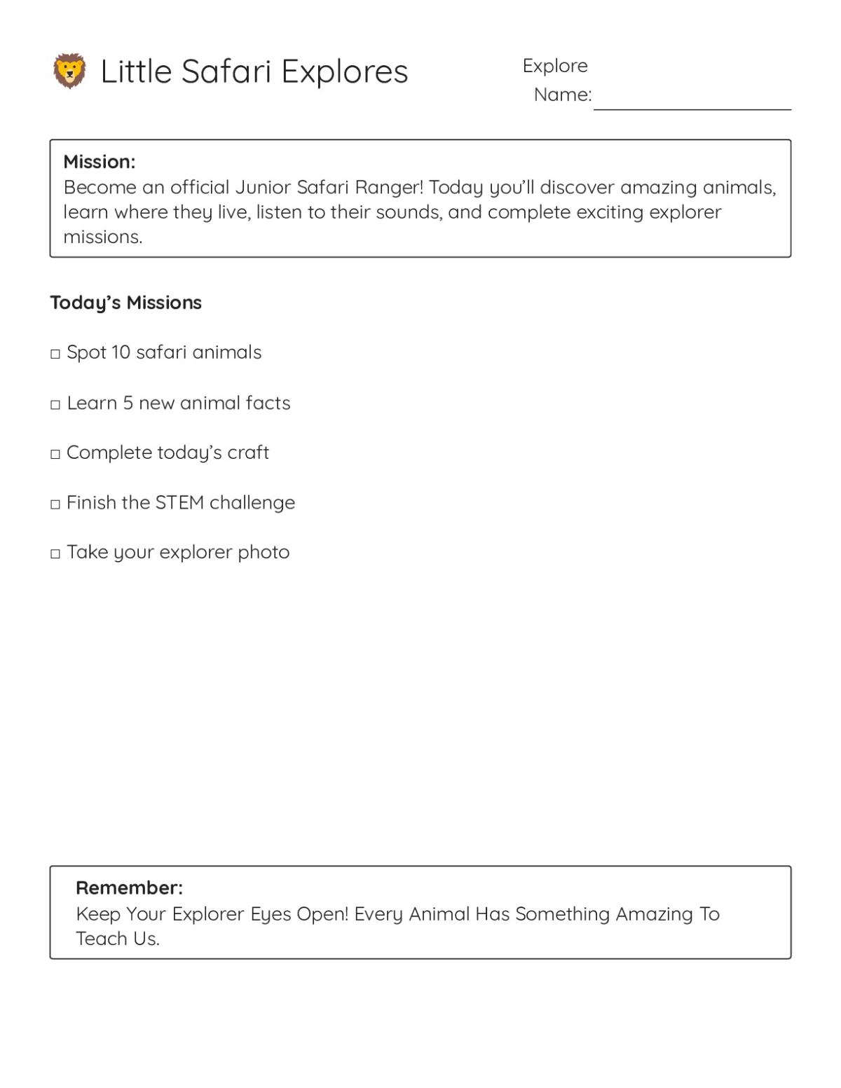 Safari-themed exploration worksheet for Pre-K to Grade 3 with animal spotting, facts, craft, and STEM challenge missions.