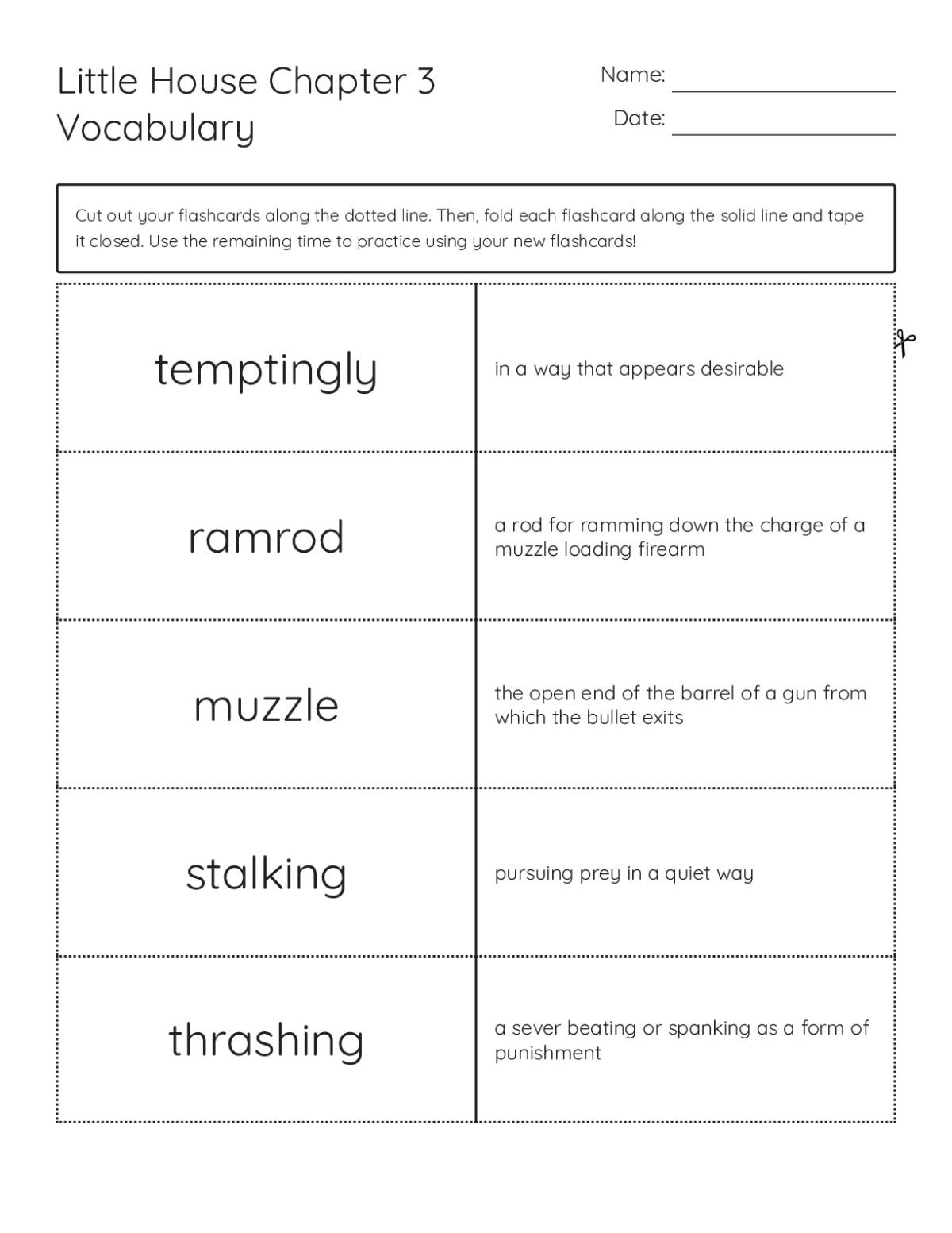Little House Chapter 3 vocabulary flashcards with words like temptingly, ramrod, and muzzle for Grade 4.