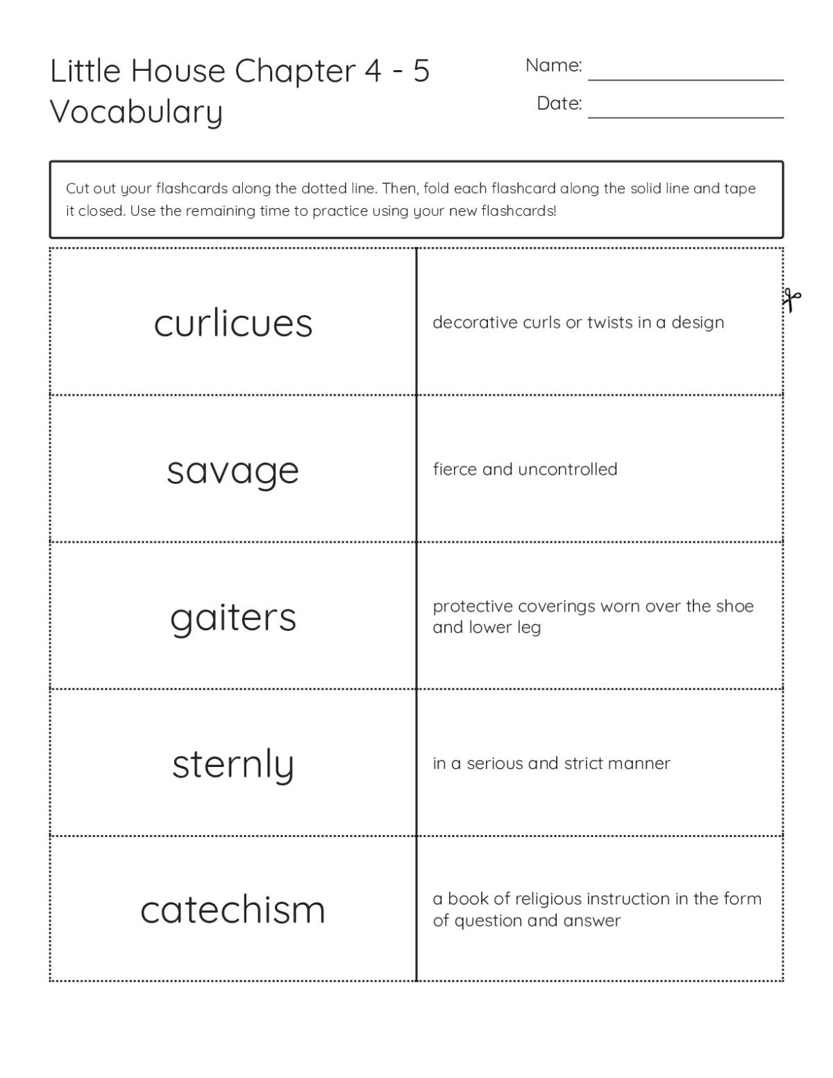 Vocabulary flashcards for Little House chapters 4–5 with words like curlicues and catechism.
