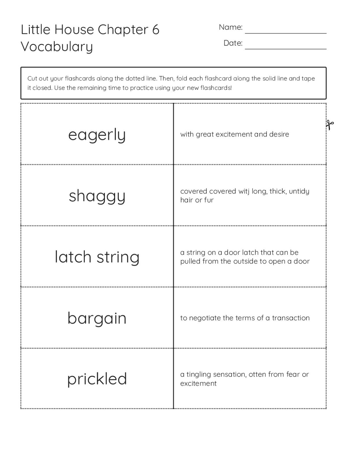 Vocabulary flashcards from Little House on the Prairie Chapter 6 for Grade 4.