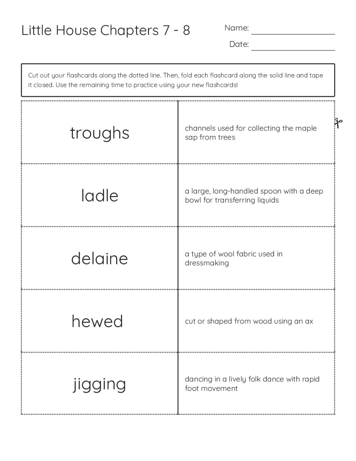Vocabulary flashcards for Little House on the Prairie Chapters 7–8, with words like troughs and hewed for Grade 4 readers.