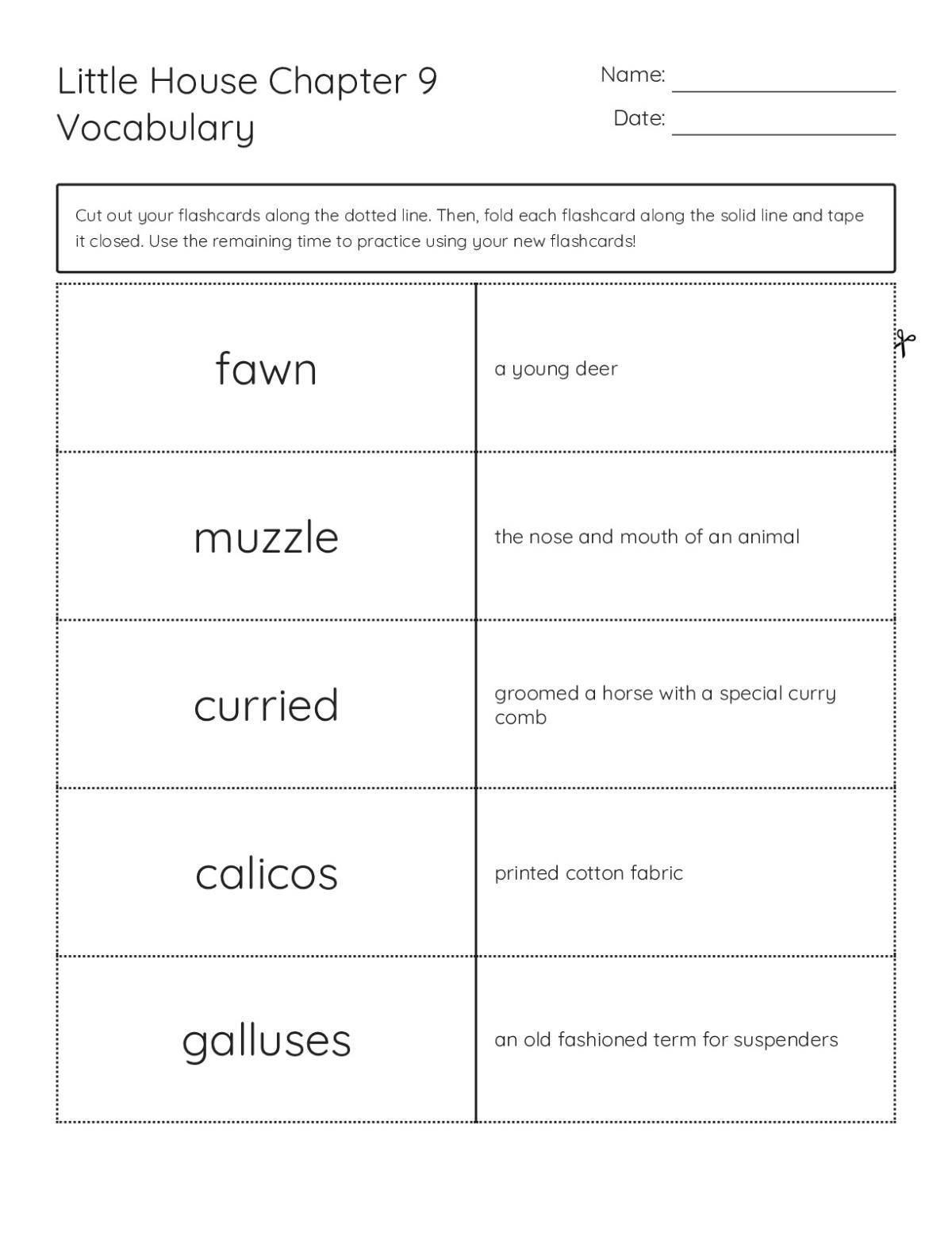 Little House vocabulary flashcards with fawn, muzzle, and galluses for Grade 4.