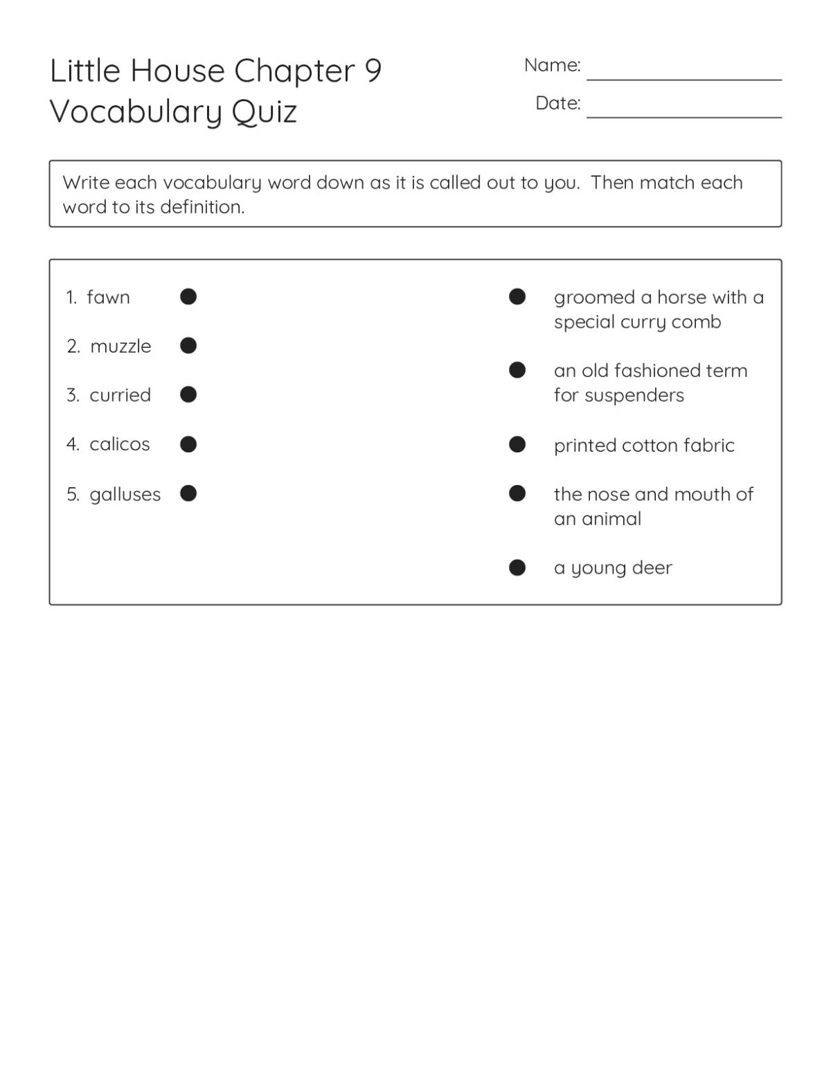 Printable 4th grade vocabulary matching worksheet for Little House on the Prairie Chapter 9 with five words and their definitions.