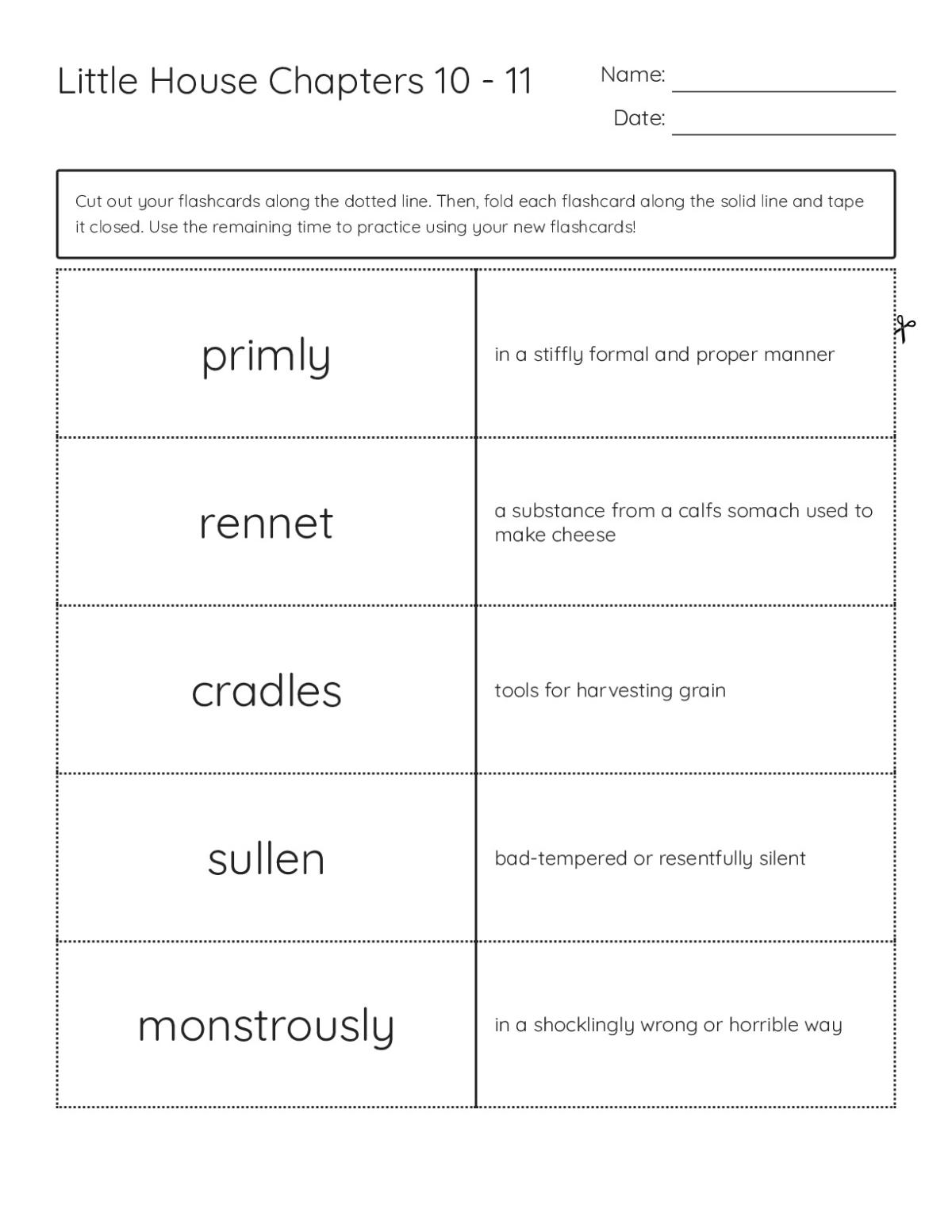 Little House vocabulary flashcards with words like primly, rennet, and sullen for Grade 4.
